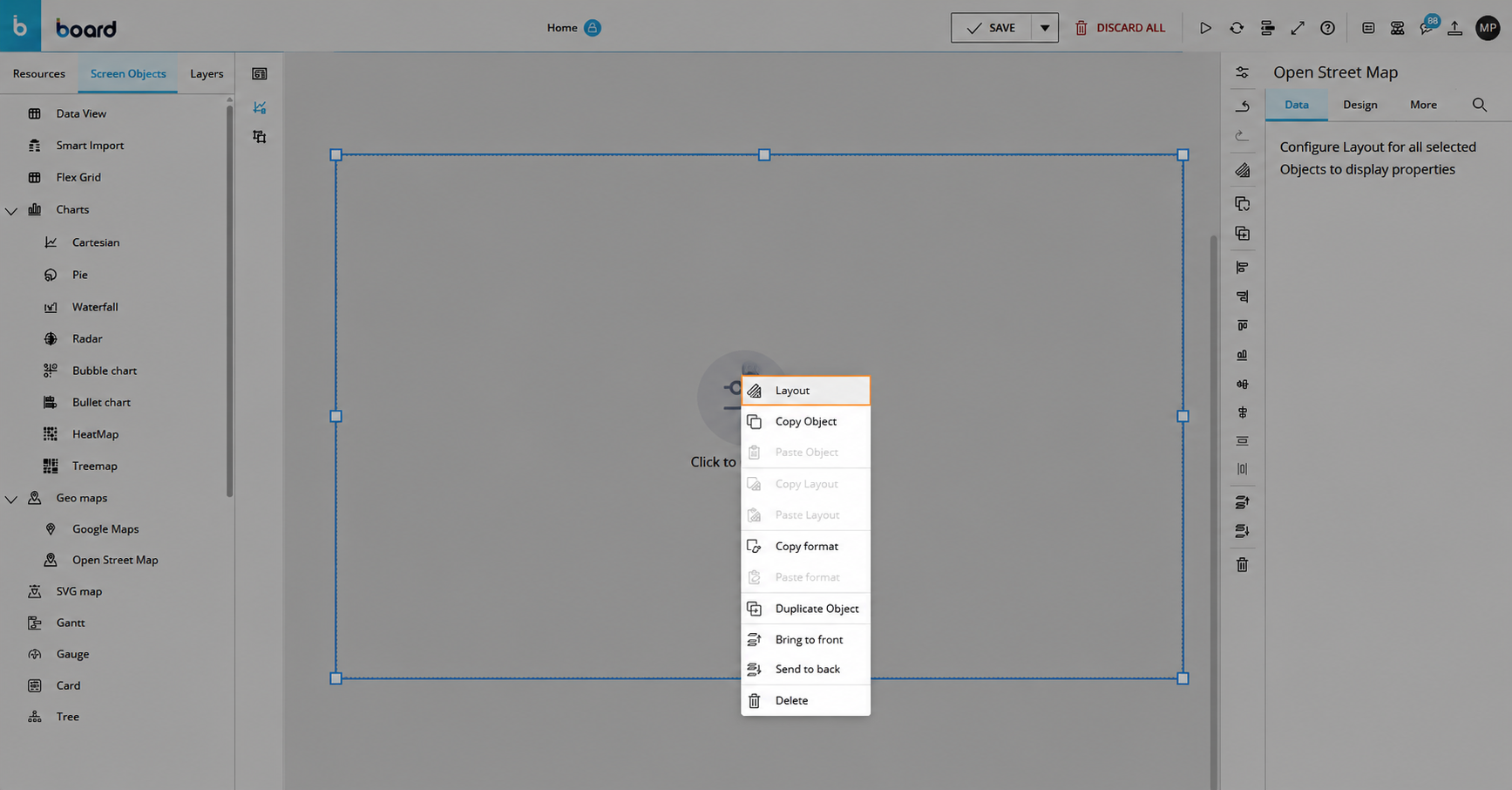 Menu options for configuring the Layout of an OpenStreetMap Object.